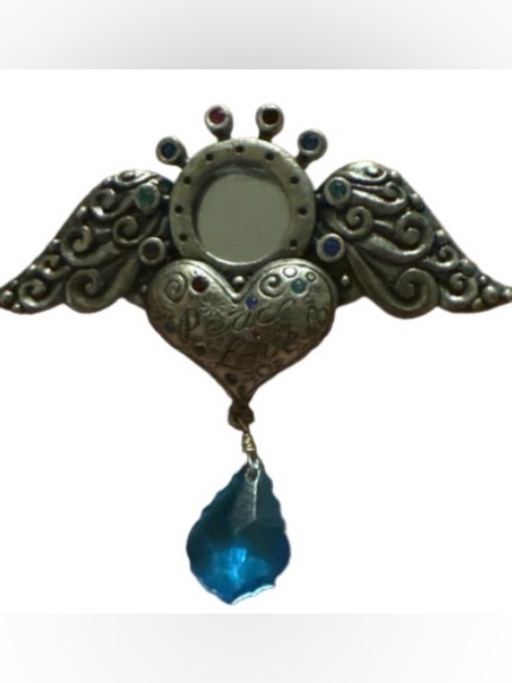 Chico's Silver-tone angel wing Heart brooch  with  mirror & Blue Teardrop